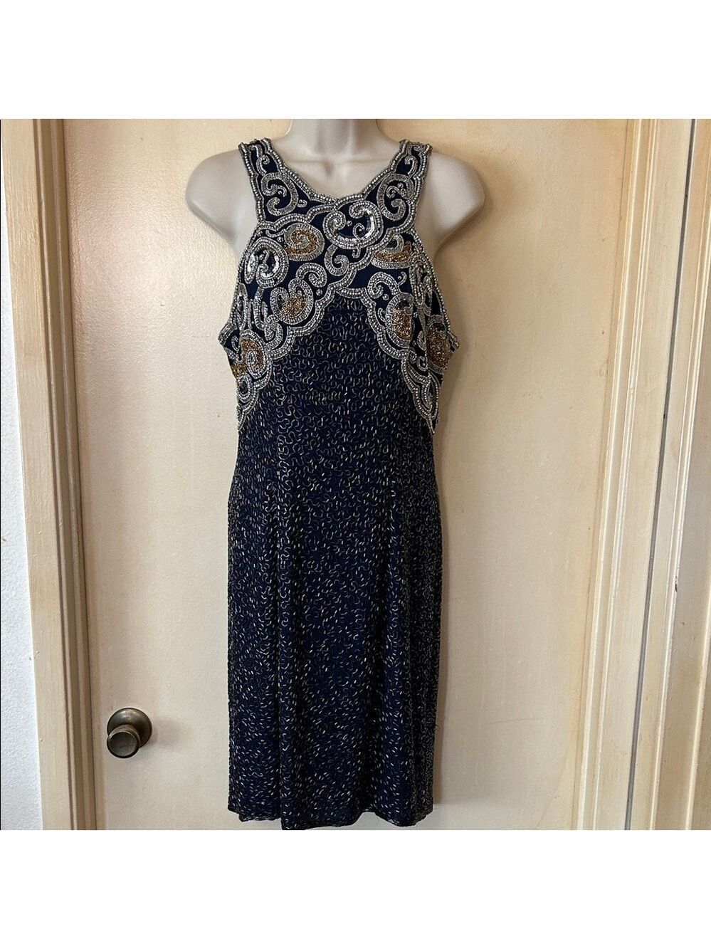 Vintage Laurence Kazar Navy and Silver Beaded Party Dress size M